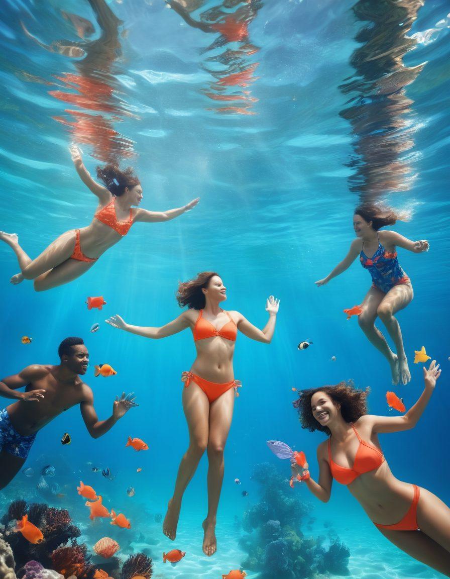 A serene underwater scene featuring a diverse group of individuals in colorful swimwear, expressing joy and self-acceptance. Include elements of autism advocacy, like puzzle pieces and ribbons incorporated into their designs. Soft blue hues of the water create a calming atmosphere, with light filtering through the surface above. Vibrant coral and fish in the background add life to the scene. super-realistic. vibrant colors. underwater setting.