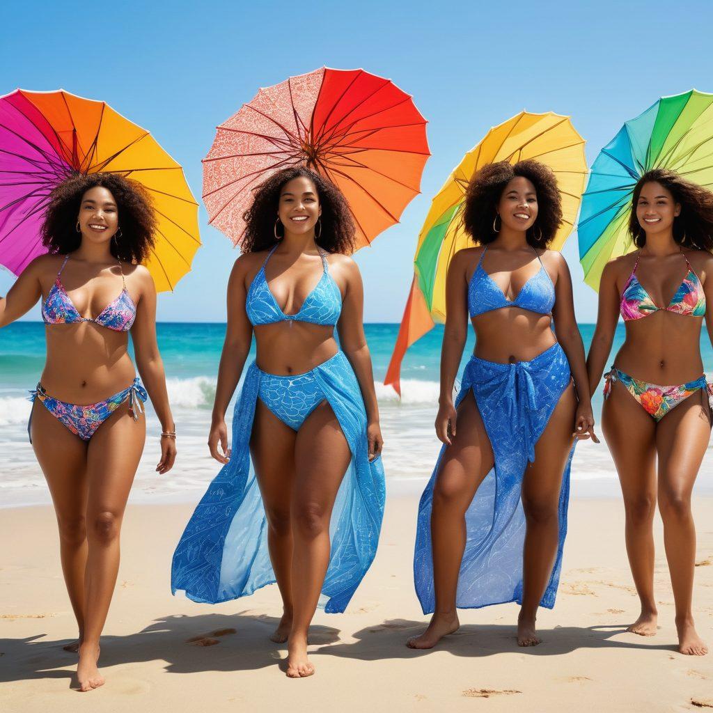 A diverse group of individuals showcasing a wide range of beachwear styles, including vibrant bikinis, flowing sarongs, and chic cover-ups. The scene is set on a sunny beach with waves gently lapping at the shore and colorful beach umbrellas in the background. Each person radiates confidence and joy, celebrating body positivity with bold patterns and designs. Bright blue skies and sparkling water enhance the lively atmosphere. vibrant colors. super-realistic.