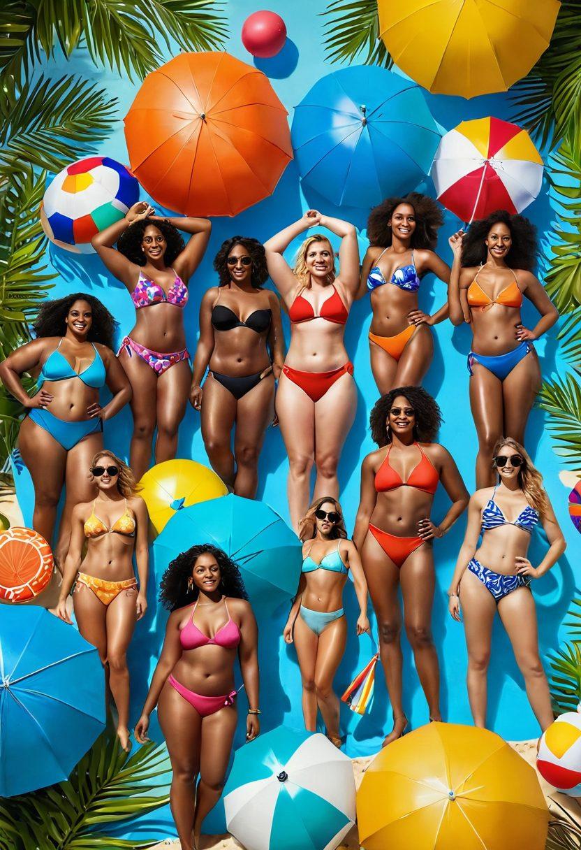 A vibrant beach scene showcasing diverse individuals of various body shapes and sizes confidently wearing trendy swimwear under a bright sun, surrounded by colorful beach umbrellas and tropical plants. Include elements like beach balls, surfboards, and splashes of water to enhance the lively atmosphere. Emphasize a sense of joy and self-acceptance in the composition. vibrant colors. super-realistic.